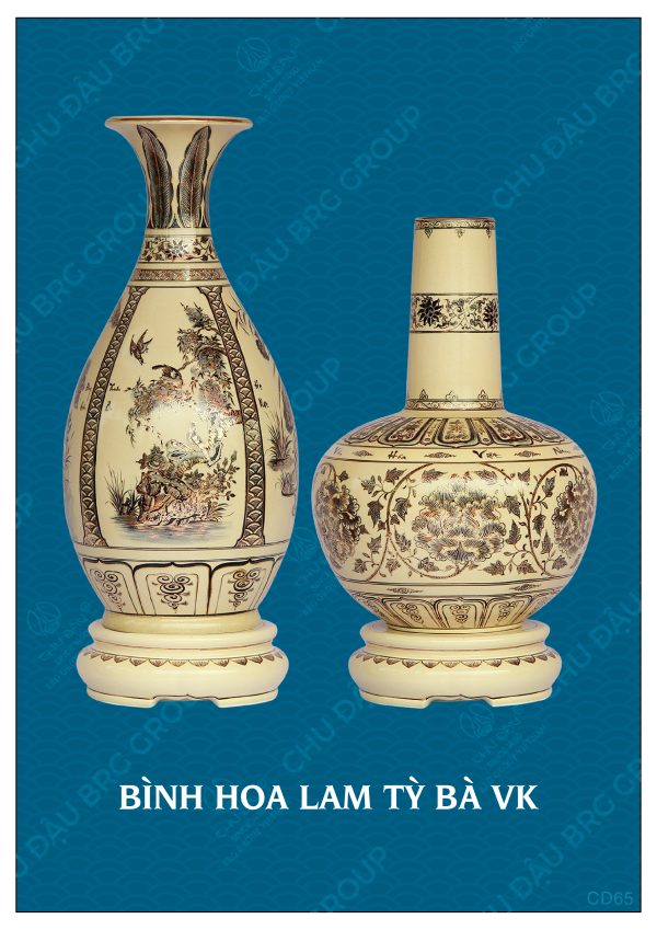 Cặp bình Hoa Lam Tỳ Bà gốm Chu Đậu vẽ vàng 24K, cao 63-74cm