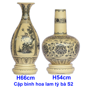 Cặp bình Hoa Lam - Tỳ Bà (54-66cm) gốm Chu Đậu truyền thống
