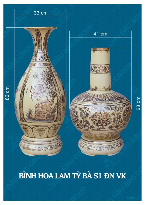 Cặp bình Hoa Lam Tỳ Bà gốm Chu Đậu, đắp nổi vẽ vàng 24K, cao 68-83cm