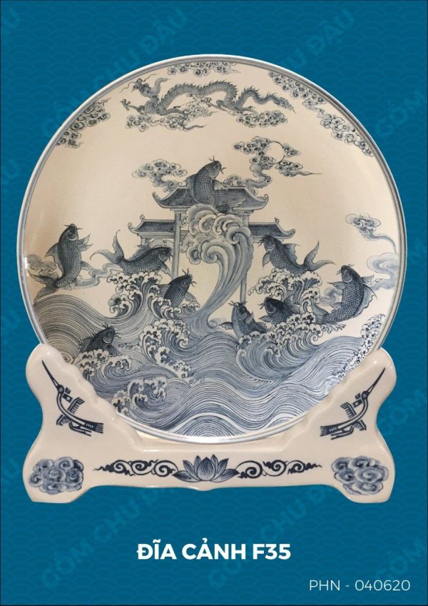 Đĩa gốm Chu Đậu "Cửu ngư quần hội", vẽ truyền thống, đường kính 35cm