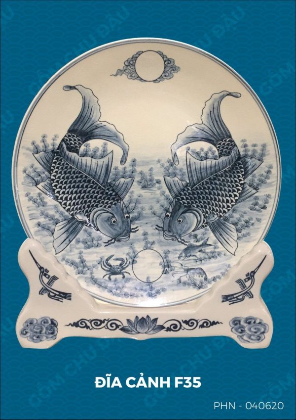 Đĩa cảnh gốm Chu Đậu "Lý ngư vọng nguyệt", vẽ truyền thống, đường kính 35cm