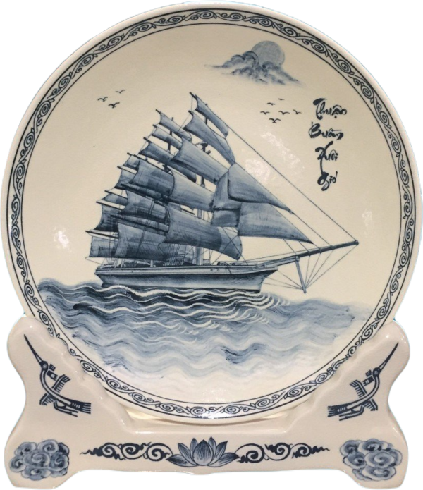 Đĩa gốm Chu Đậu "Thuận buồm xuôi gió", vẽ truyền thống, đường kính 35cm