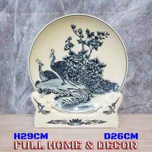 Đĩa cảnh gốm Chu Đậu "Chim công uyên ương", vẽ truyền thống, đường kính 26cm