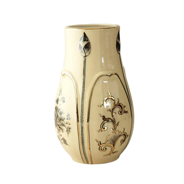 Bình Hoa Sen gốm Chu Đậu, họa tiết hoa Sen khắc nổi vẽ vàng 24K, cao 26.5 cm