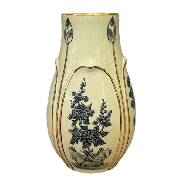 Bình Hoa Sen gốm Chu Đậu, hoạ tiết hoa Sen khắc nổi kẻ chỉ vàng 24K, cao 26.5 cm