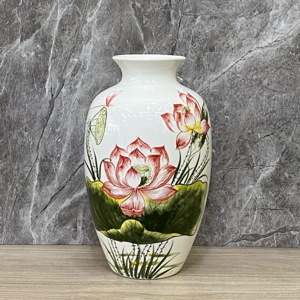 Bình hoa dáng vò gốm Bát Tràng, hoạ tiết "Hoa Sen" vẽ màu truyền thống, cao 30cm