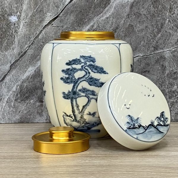 Bình đựng trà gốm Chu Đậu, hoạ tiết "Tứ cảnh" vẽ truyền thống, cao 12.5cm