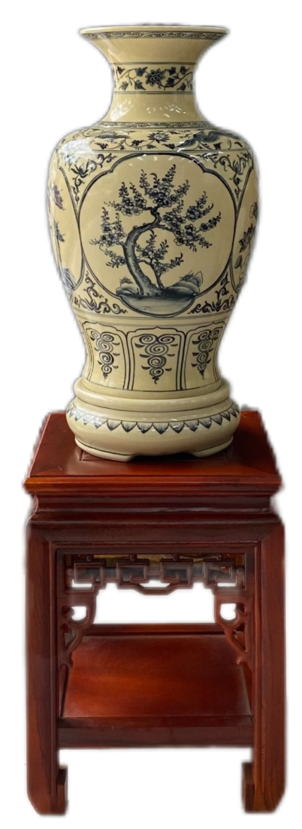 Bình Đại Cát gốm Chu Đậu, họa tiết "Tứ Cảnh" vẽ truyền thống, cao 44cm