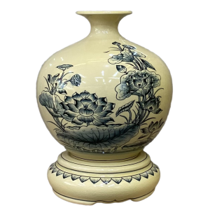 Bình hút lộc, bình giọt ngọc gốm Chu Đậu, hoạ tiết "Hoa Sen" vẽ truyền thống , cao 34 cm bao gồm kỷ