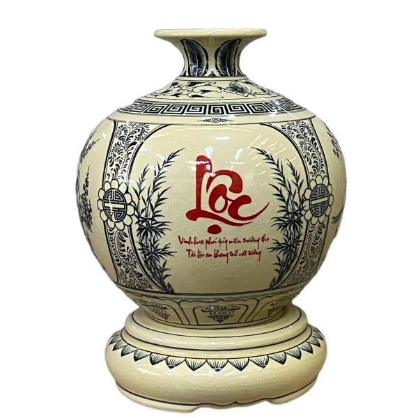 Bình hút lộc, bình giọt ngọc gốm Chu Đậu, hoạ tiết "Tứ Cảnh" vẽ truyền thống , cao 34 cm bao gồm kỷ - Chữ Lộc