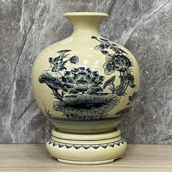 Bình hút lộc, bình giọt ngọc gốm Chu Đậu, hoạ tiết "Hoa Sen" vẽ truyền thống, cao 26 cm bao gồm kỷ