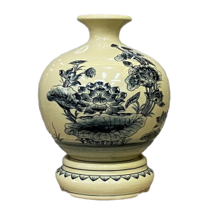 Bình hút lộc, bình giọt ngọc gốm Chu Đậu, hoạ tiết "Hoa Sen" vẽ truyền thống, cao 26 cm bao gồm kỷ