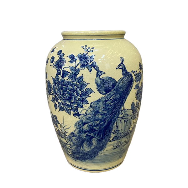 Bình Hoàng hoa Sen gốm Chu Đậu, hoạ tiết "Uyên Ương Khổng Tước" vẽ mực xanh truyền thống, cao 25cm