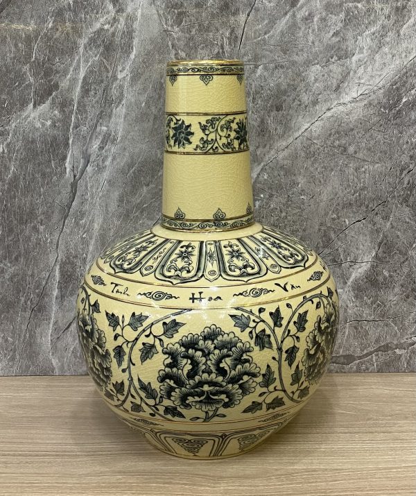 Bình Hoa Lam gốm Chu Đậu, hoạ tiết hoa Phù Dung, kẻ chỉ vàng 24K,cao 35cm