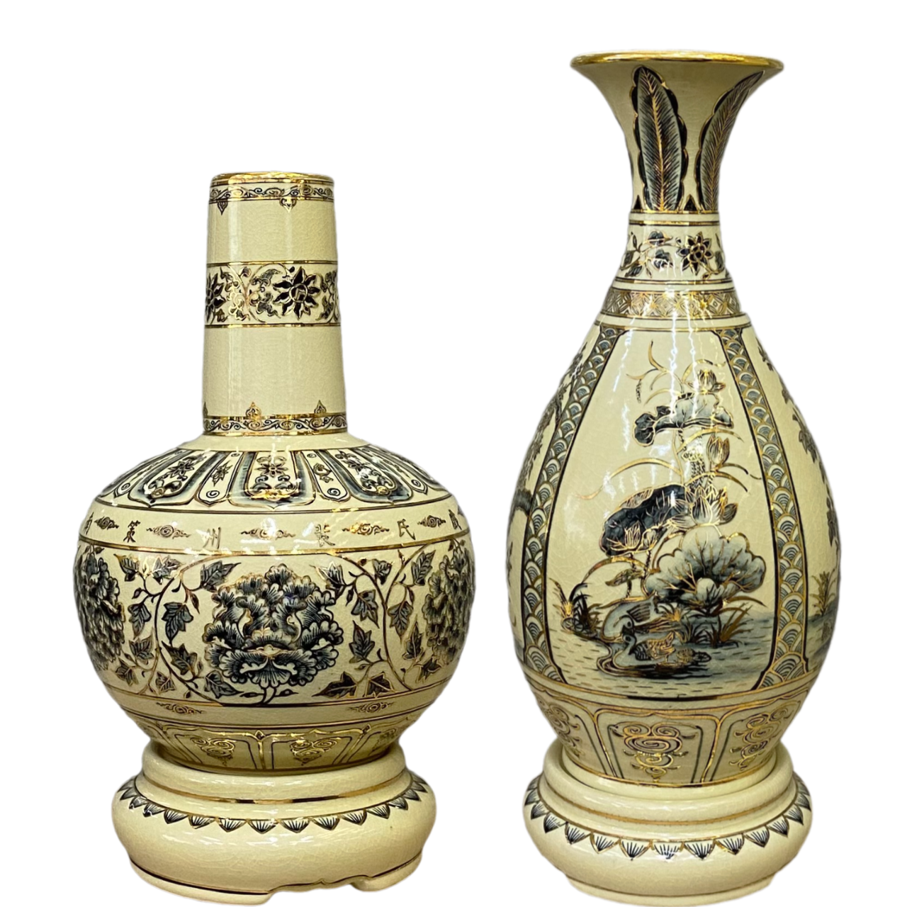 Cặp bình Hoa Lam - Tỳ Bà gốm Chu Đậu, hoạ tiết vẽ viền vàng 24K, cao 28cm và 36cm