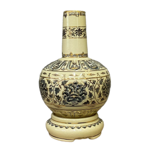 Bình Hoa Lam gốm Chu Đậu, hoạ tiết vẽ viền vàng 24K, cao 28cm