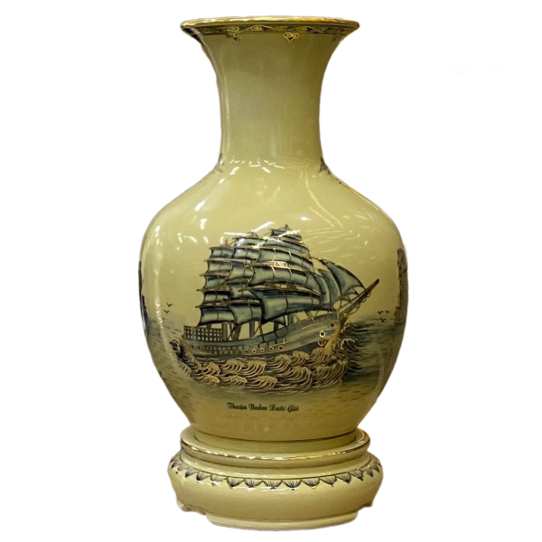 Bình Phú Quý gốm Chu Đậu, hoạ tiết “Thuận buồm xuôi gió” vẽ viền vàng 24K, cao 50cm bao gồm kỷ