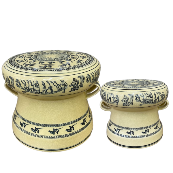 Trống gốm Chu Đậu, phỏng theo "Trống Đồng Đông Sơn" vẽ truyền thống, cao 13cm và 20cm