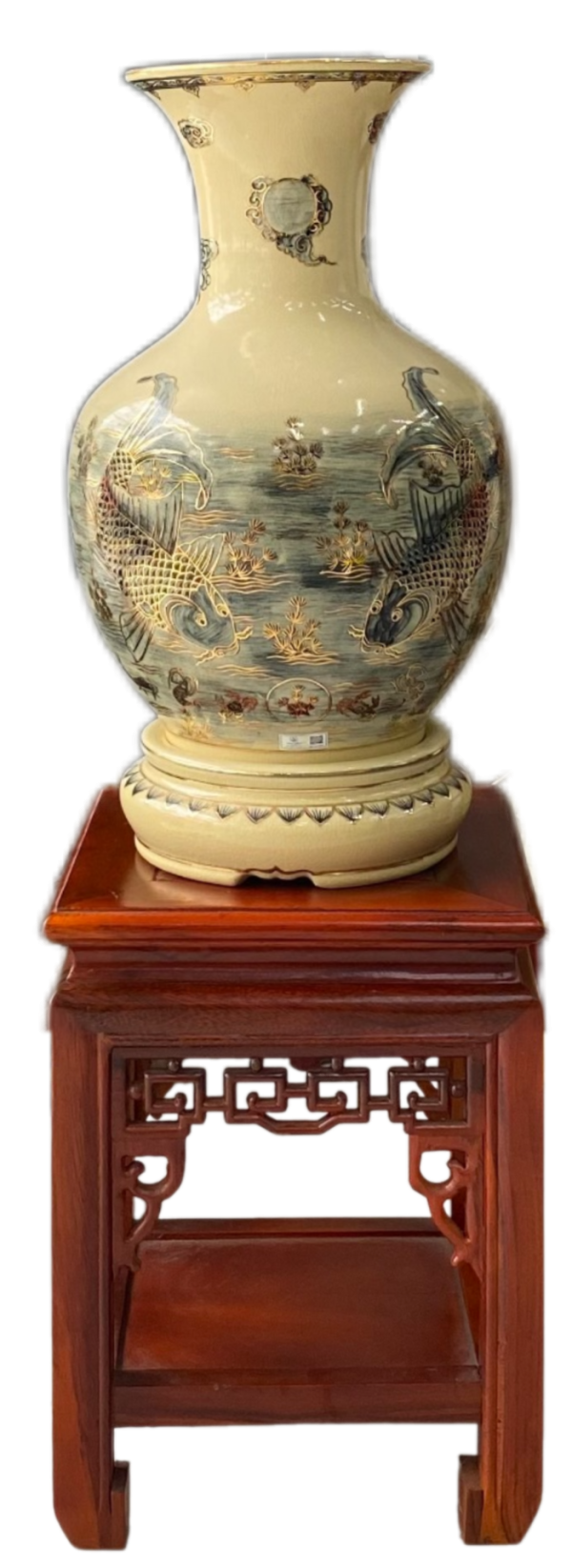 Bình Phú Quý gốm Chu Đậu, hoạ tiết "Lý Ngư Vọng Nguyệt" vẽ viền vàng 24K, cao 50cm bao gồm kỷ