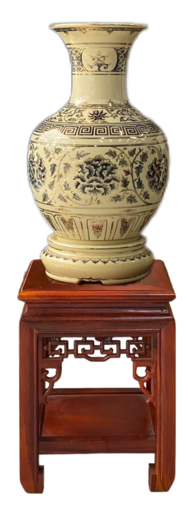 Bình Phú Quý gốm Chu Đậu, hoạ tiết hoa Phù Dung vẽ viền vàng 24K, cao 50cm