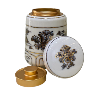 Bình đựng trà gốm Chu Đậu, hoa Phù Dung vẽ vàng kim 24K, cao 13cm