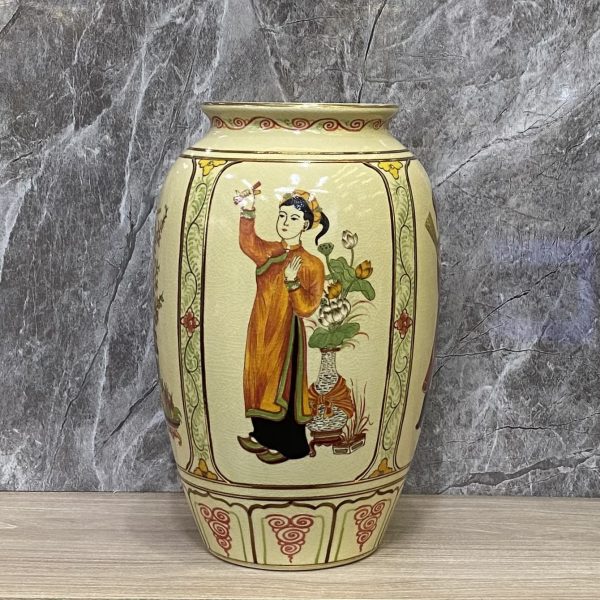 Bình Hoàng Hoa Sen gốm Chu Đậu, hoạ tiết "Tố Nữ" vẽ màu viền mép vàng 24K, cao 33cm