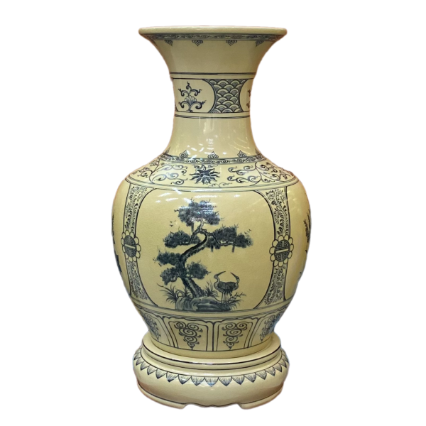 Bình Phú Quý gốm Chu Đậu, hoạ tiết Tứ Cảnh vẽ truyền thống, cao 63cm bao gồm kỷ